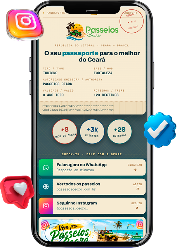 Página de link da bio personalizada exibida em um celular, com botões de WhatsApp, site e Instagram em destaque